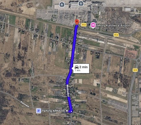Mapa dojazdu z Parking Arkadia do lotniska Katowice-Pyrzowice — 1 km, 2 minuty